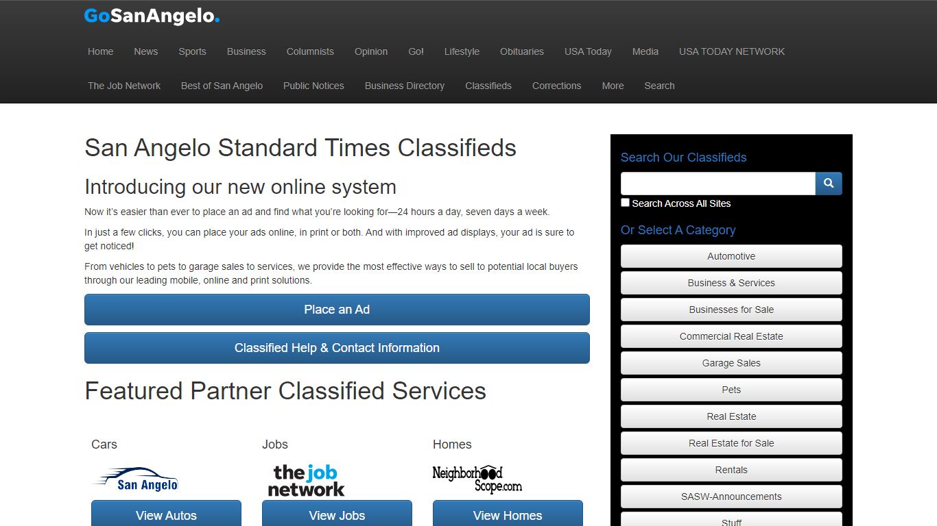 San Angelo Standard Times - Classifieds Landing Page